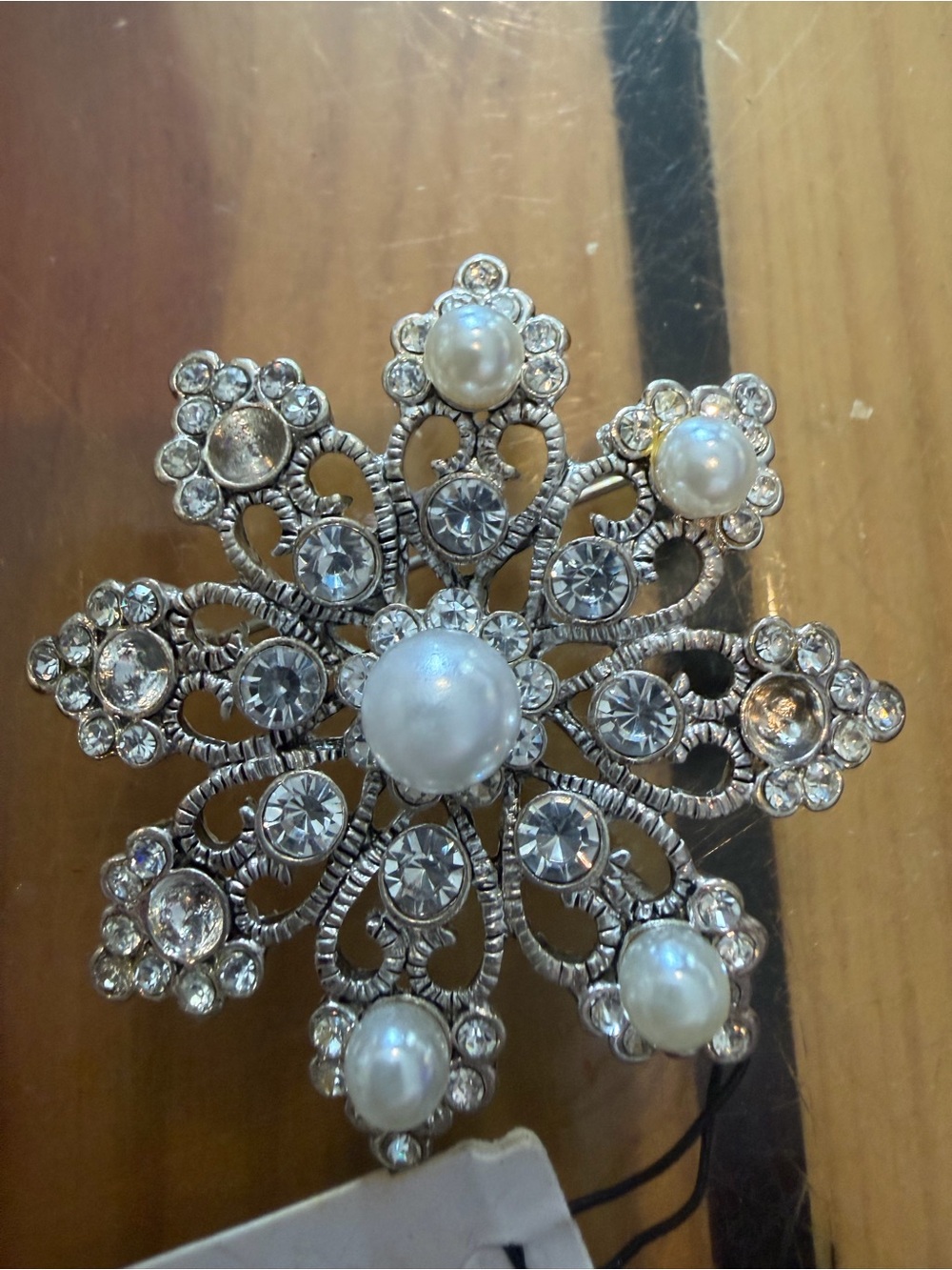 Pearl and Crystal Snowflake Brooch - Silver Tone-vintage